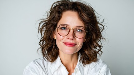 A warm and inviting portrait of a smiling woman with curly hair and stylish glasses, radiating confidence and positivity, perfect for personal branding or lifestyle imagery.
