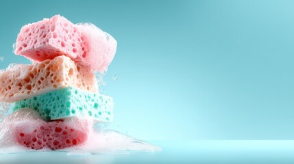 A visually appealing arrangement of stacked colorful sponges with soap bubbles, embodying cleanliness and vibrant energy, ideal for cleaning or home decor themes.