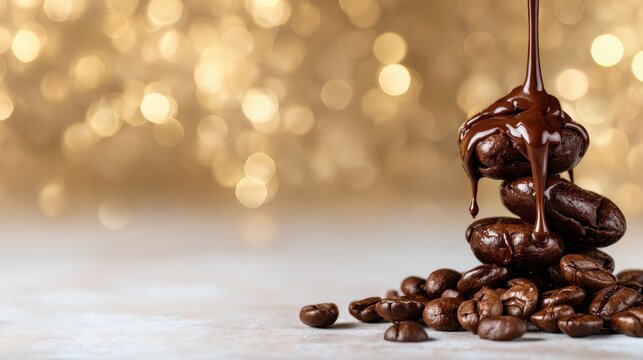 A tantalizing stack of coffee beans topped by rich, flowing chocolate, beautifully captured against a shimmering golden backdrop, evoking indulgence and the joy of flavor combinations. - Powered by Adobe