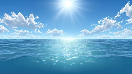 Obraz premium Scenic View of Sparkling Turquoise Ocean Under Sunny Bright Sky with Soft White Clouds Creating a Tranquil Summer Day at the Beach