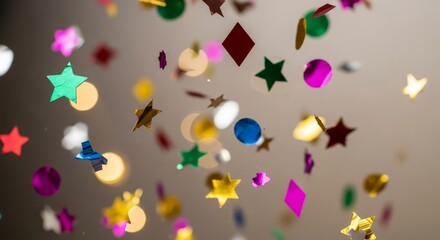 Colorful metallic confetti pieces with stars circles diamonds falling against blurred neutral background party celebration decoration