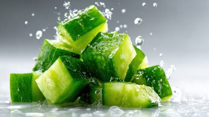 A vibrant stack of freshly diced cucumbers splashes in water, showcasing their crisp texture and luscious green color amidst droplets, perfect for highlighting freshness.
