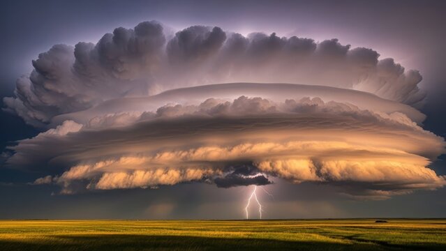 Dramatic supercell thunderstorm with layered shelf cloud structure and lightning bolt striking golden wheat field landscape during sunset - Powered by Adobe