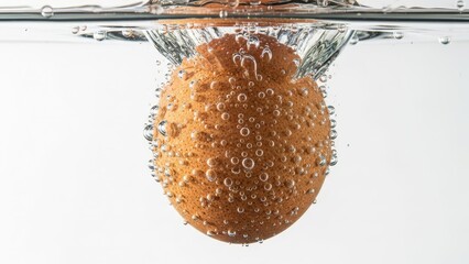 Orange citrus fruit splashing into clear water with dynamic air bubbles and ripples underwater photography