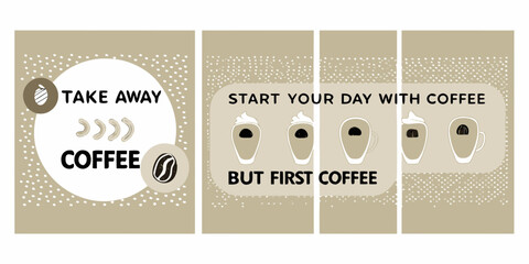 Coffee themed graphic design with takeaway cups and motivational quotes