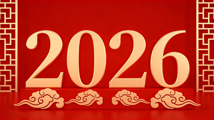 Golden 2026 numbers with cloud patterns on red background