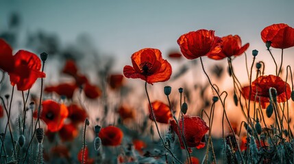 Obraz premium Vibrant Red Poppy Field in Warm Sunset Light Against Soft Sky Background