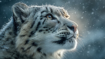 Obraz premium 雪の舞う深紅の背景でユキヒョウの冬毛を静かに強調した近接肖像