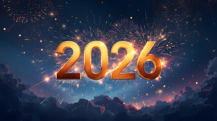 2026 New Year gold numbers with fireworks over dark clouds