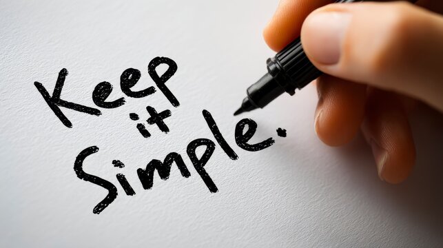 Close-up of hand holding black pen writing "Keep it Simple." on white paper. Focus on the words and hand