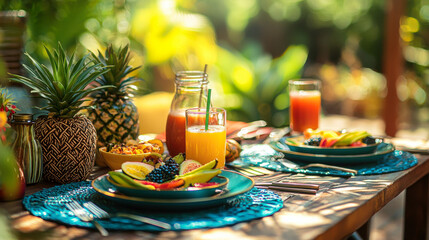 Outdoor vegan dining setup with colorful dishes and fresh juices