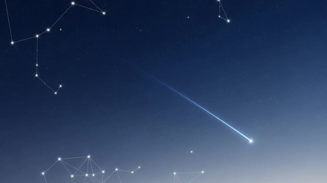 Shooting star streaks across night sky with constellations