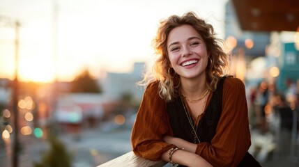 A young woman beams with joy against a warm sunset backdrop, capturing a moment of happiness and lightheartedness while highlighting her carefree spirit.