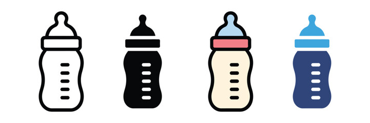 Collection of baby feeding bottle icon set isolated on white background, Vector illustration. Feeding bottle symbol. 