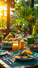 Outdoor vegan dining setup with colorful dishes and fresh juices