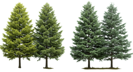Four distinct evergreen pine trees, symmetrical and conical, with dense green needles and textured trunks, isolated against a stark white studio background, natural design resource concept