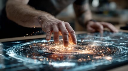 Innovative innovator manipulates holographic data streams with glowing particles, visualizing complex digital information in a futuristic interface.