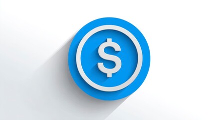 Obraz premium A stylized illustration of a white dollar symbol inside a blue circle with a shadow, set against a bright white background