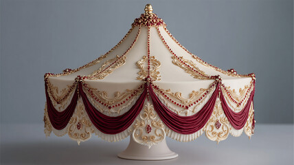 赤と金の逆円錐ケーキを白い陶器台に載せた静物、人物なし