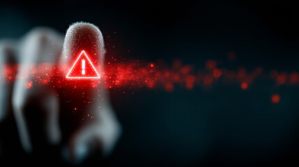 Urgent alert warning notification appears on digital screen activated by fingertip scan, signaling cyber threat danger