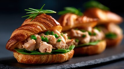 A beautifully arranged croissant filled with tender chicken, fresh greens, and garnished with chives, showcasing gourmet flair and culinary artistry.