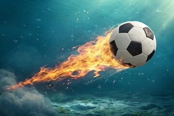 Fototapeta premium Flaming Soccer Ball on Fire Trail Illustration, Soccer Ball with Flames Speed Motion Graphic, Fiery Football Flying Through Air Vector Art, Burning Soccer Ball Dynamic Energy Design, Passionate Soccer