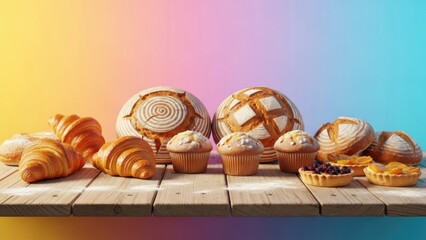 Artisan baked goods on a rustic wooden table with a vibrant gradient background showcasing diverse