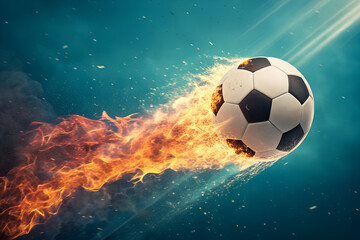 Naklejka premium Flaming Soccer Ball on Fire Trail Illustration, Soccer Ball with Flames Speed Motion Graphic, Fiery Football Flying Through Air Vector Art, Burning Soccer Ball Dynamic Energy Design, Passionate Soccer