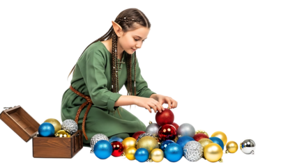 Young girl with elf ears and braids arranging Christmas ornaments from wooden chest