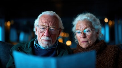 An elderly couple sat closely together, looking intently at a menu with puzzled expressions. This image captures the emotion of contemplation and connection in shared experiences.