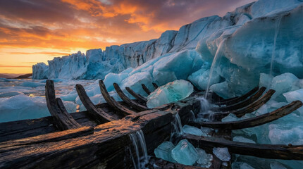 Fototapeta premium Dramatic Sunset Over Melting Glacier and Old Wreckage