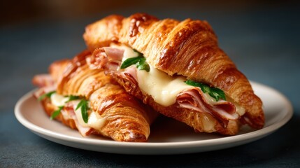 A freshly baked croissant filled with savory ham and melted cheese, garnished with fresh greens, perfect for breakfast or a quick snack any time of the day.