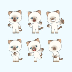Cute Siamese Cat Character Set with Various Poses and Expressions, Kawaii Vector Illustration