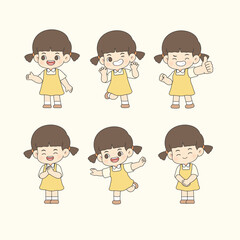 Cute Little Girl Character Set with Various Poses and Expressions, Kawaii Child Vector Illustration