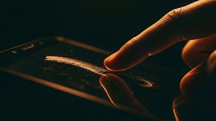 Macro shot of a finger swiping on a greasy smartphone screen, dramatically lit in warm tones against a dark background, symbolizing the constant engagement of being Chronically online and consuming M