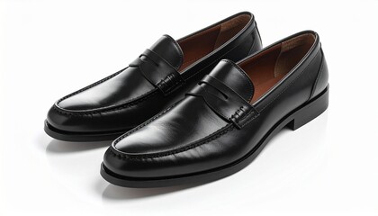 A pair of polished black penny loafers, timeless elegance on a clean surface.