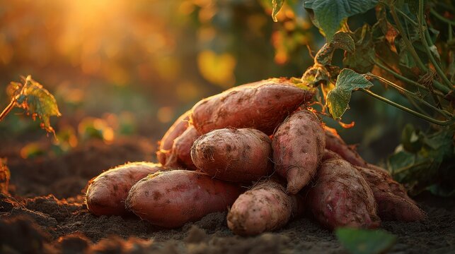 A close-up showcases a pile of freshly harvested root vegetables on rich, dark soil, bathed in golden sunlight. The vibrant orange hues are striking
