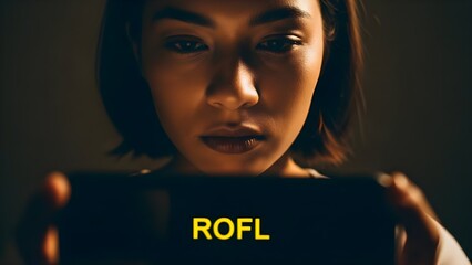 Engrossed young woman staring at her smartphone screen displaying "ROFL" in a dark room. The screen light illuminates her face, symbolizing constant digital immersion and consumption of mindless onli