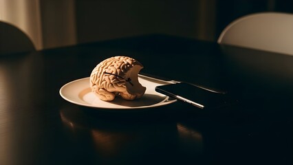 A dramatic still life showing a human brain model on a plate next to a smartphone, symbolizing the mental drain and intellectual sacrifice caused by being chronically online and consuming mindless co