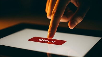 Close-up of a finger pressing the "Block" button on a glowing tablet screen in the dark, representing the attempt to filter out unwanted, chronically online, or mindless content and secure digital bo