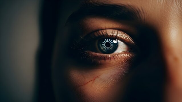 A macro shot of an eye with a digital loading/buffering icon in the iris, symbolizing screen addiction, being chronically online, and the endless consumption of mindless content in a digital age. - Powered by Adobe