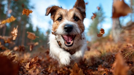A joyful dog runs energetically through a sea of vibrant autumn leaves, capturing happiness and the carefree spirit that pets bring into our lives during seasonal changes.