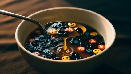 Close-up of a spoon scooping "digital soup" featuring social media icons, hashtags, and emojis, visualizing the overwhelming intake of mindless content and being chronically online.