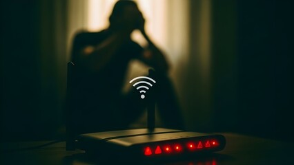 The moody scene shows a frustrated user reacting to a Wi-Fi failure (red warning lights), highlighting the anxiety of being chronically online and cut off from constant mindless content consumption.