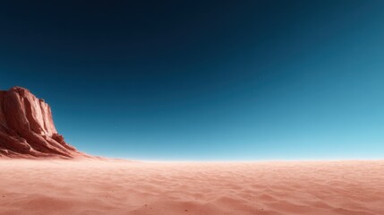 An expansive view of a serene desert landscape, featuring a vast sandy terrain beneath a clear blue sky, evoking a sense of solitude and the beauty of nature's simplicity.
