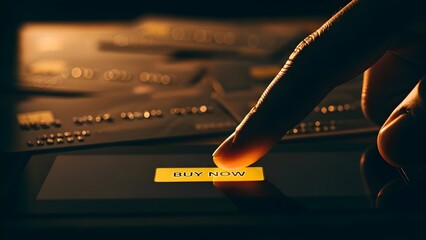 A finger presses a glowing "BUY NOW" button on a screen, symbolizing impulse shopping, consumer debt, and the urge of being chronically online. Mindless content consumption leads to instant digital p