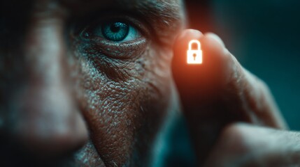Intense close up of an eye focusing on a glowing padlock icon symbolizing data privacy and cybersecurity protection.