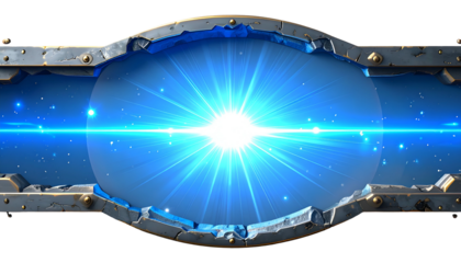 A bright blue energy portal framed by a metal and stone border, with glowing starburst