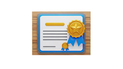 3D Certificate with Gold Star and Blue Ribbons on Wood Background