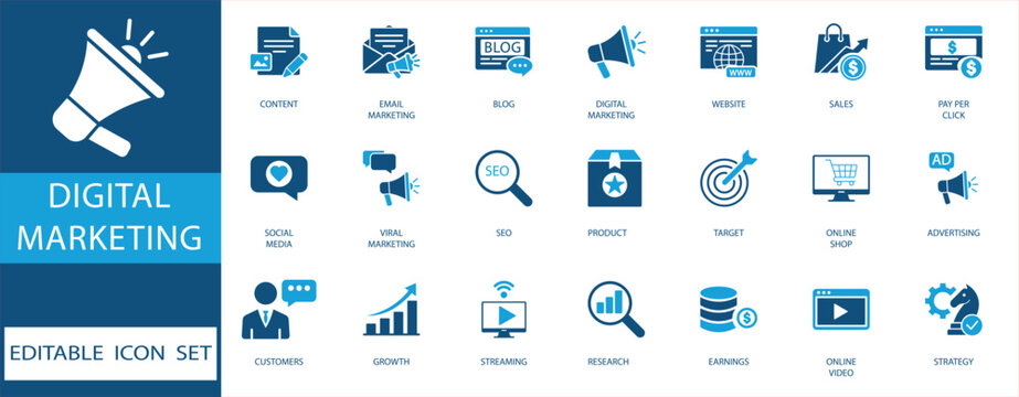 Digital marketing icon set featuring SEO, social media, email marketing, and online advertising elements in blue flat style for business growth 